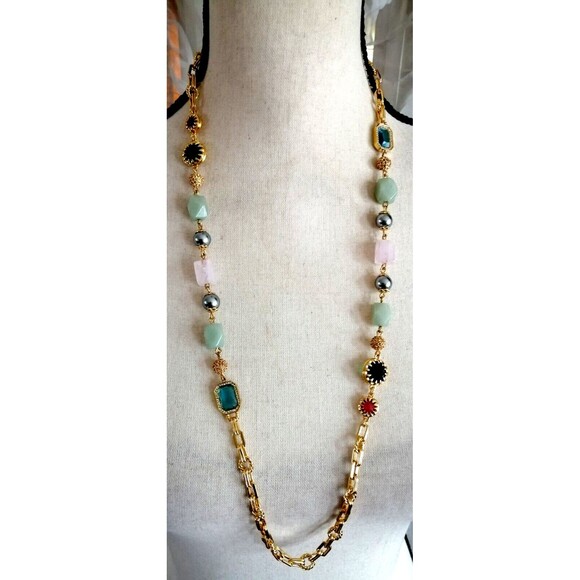 Talbots Lux Necklace Semi Precious Stones Gold Tone Chain 31" - Picture 2 of 3